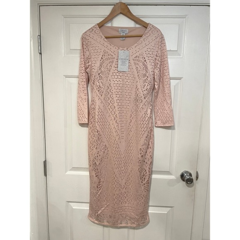NEW Carmen Marc Valvo Blush Soft‎ Pink Laser Cut Sheath Bodycon Dress Midi M